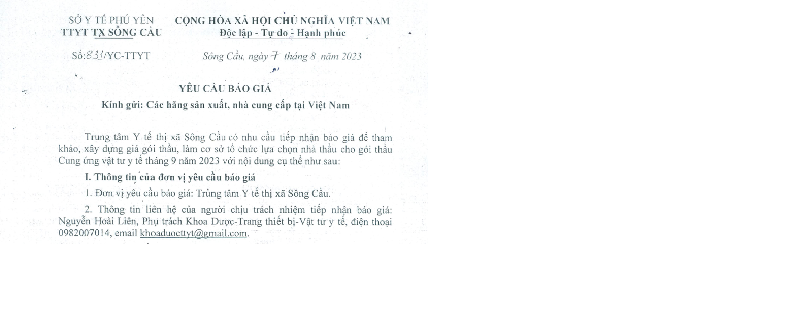 Yêu cầu báo giá Gói thầu: Cung ứng vật tư y tế tháng 9 năm 2023 của TTYT thị xã Sông Cầu